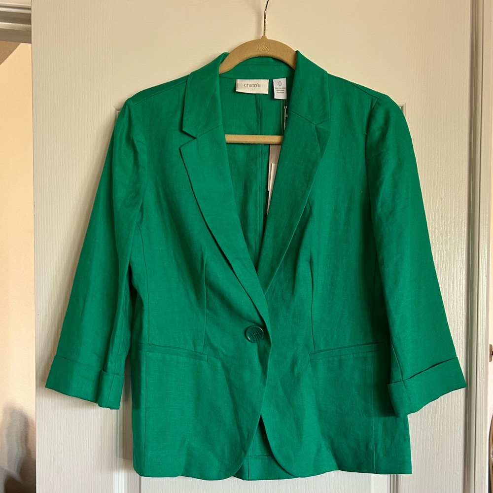 Chico’s vivid green linen 3/4 sleeve blazer size small New with tag